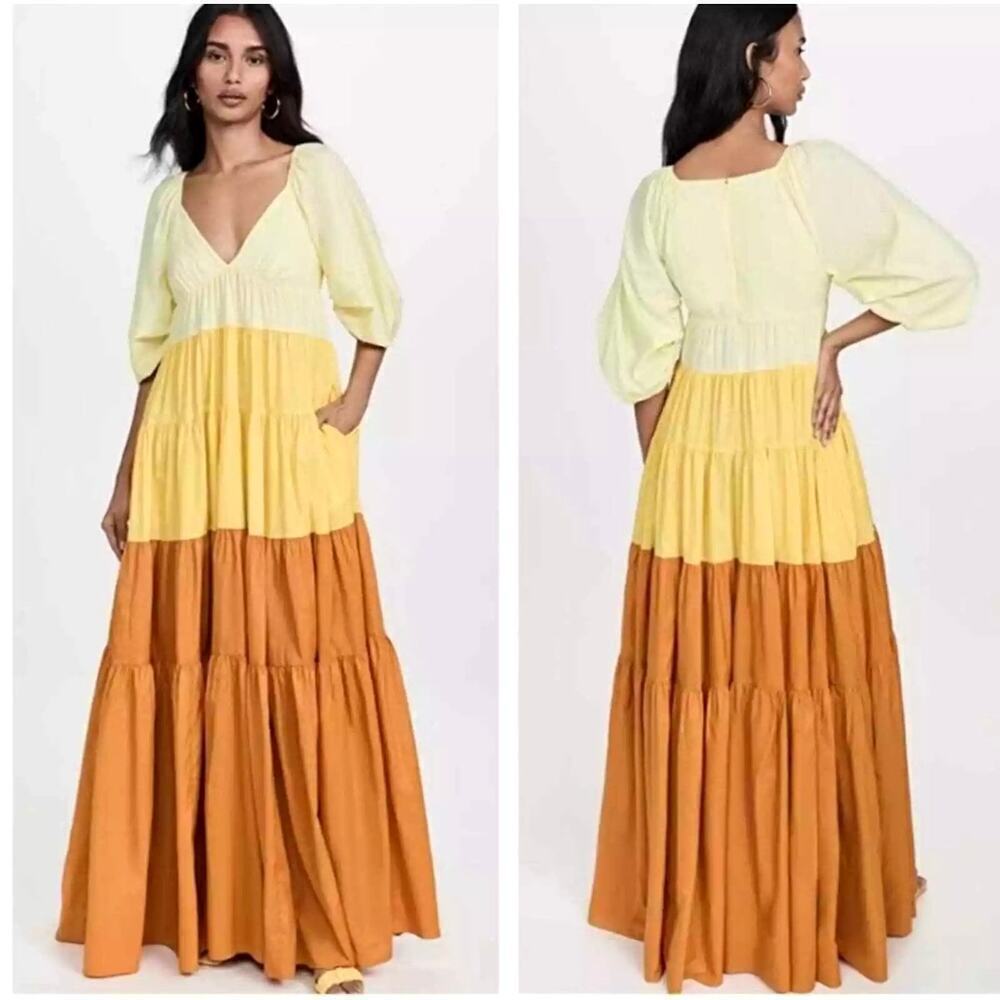Staud Meadow Color Block Maxi Dress Puff Sleeves Yellow Orange Size XS V-Neck